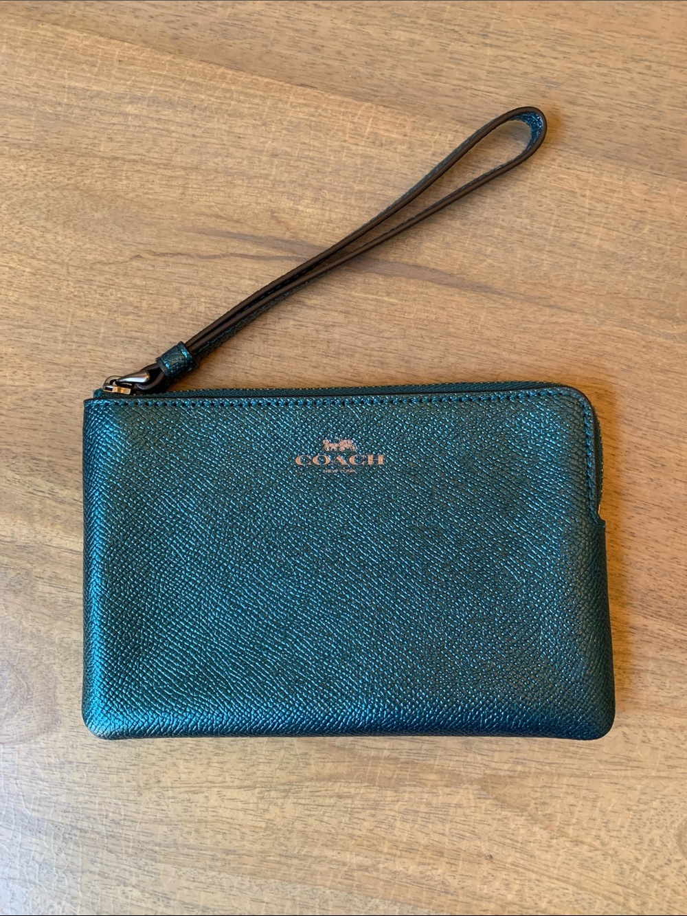 Coach Metallic Teal Leather Wristlet Pouch